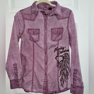 Harley Davidson Embroidered Rhinestone Button Top